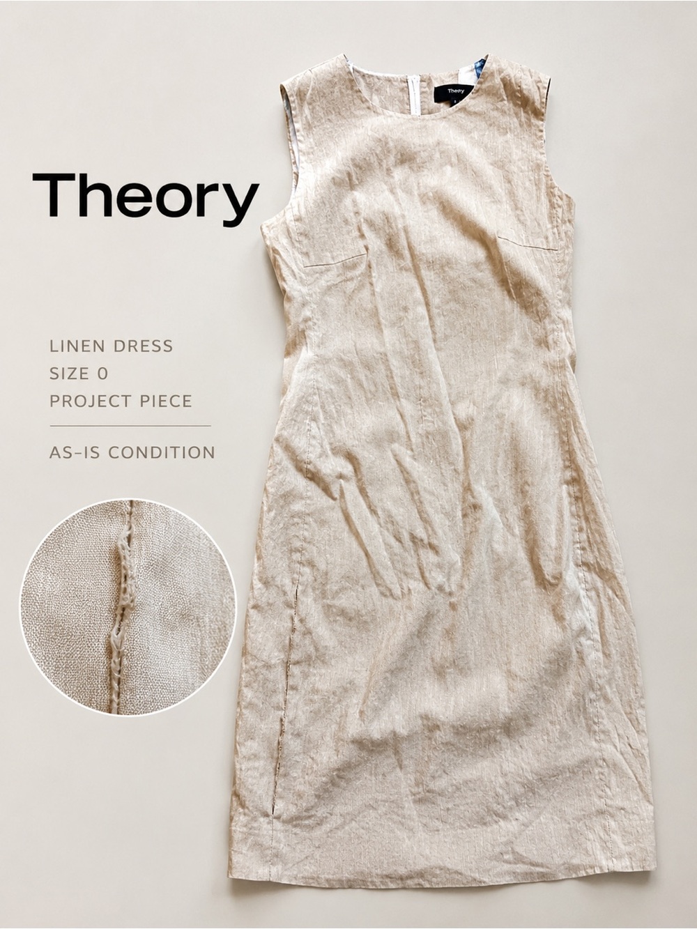 Theory Beige Linen Sheath Dress Sleeveless Minimalist Shift Dress Size 0